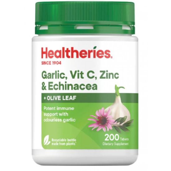 Picture of Healtheries Garlic, Vitamin C, Zinc, Echinacea & Olive Leaf — 200 Tablets